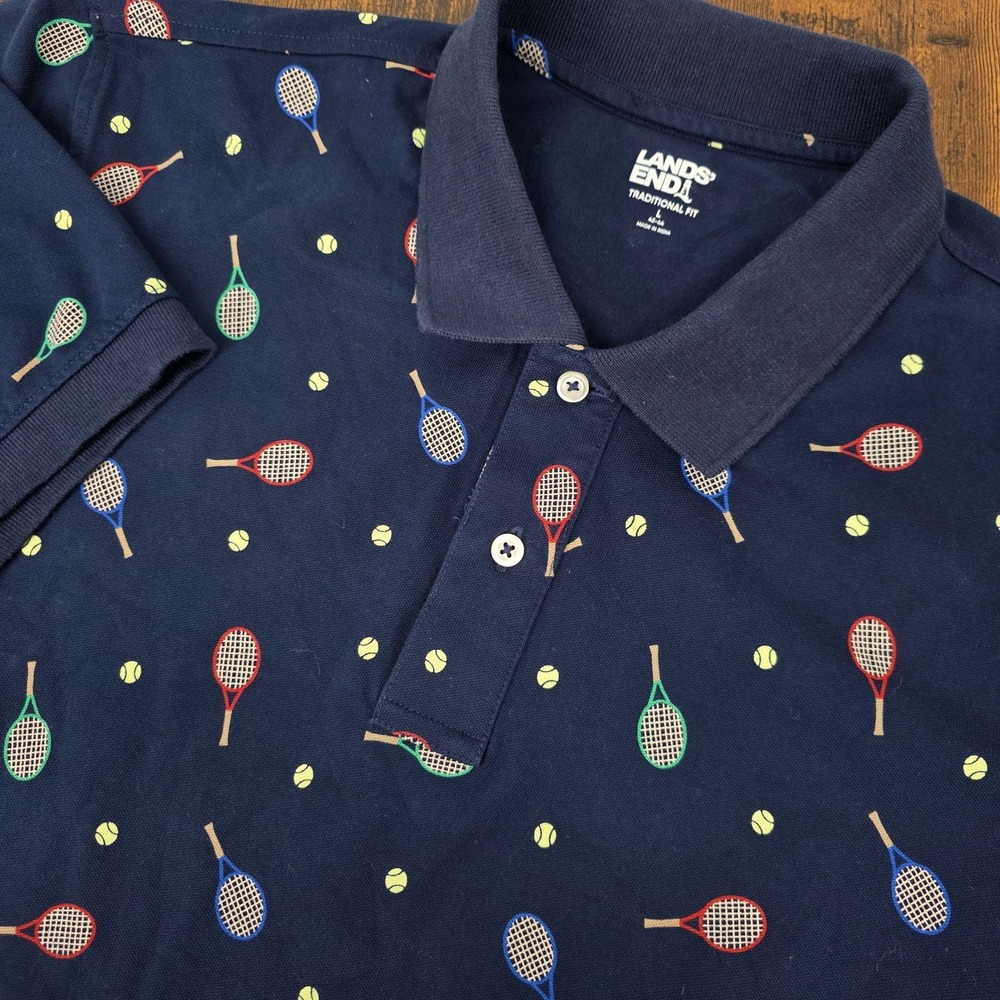 Lands End Mens Polo Shirt Short‎ Sleeve Navy Blue Tennis All Over Print Sz L